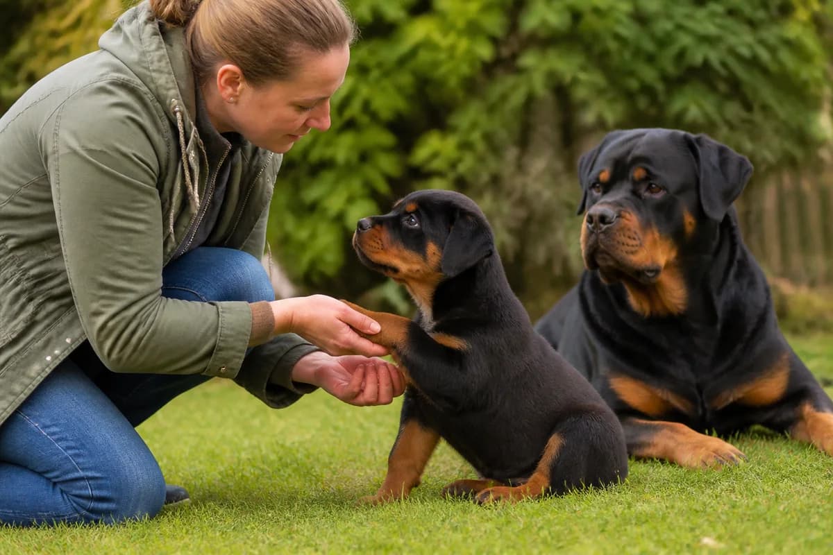 Rottweiler puppy interacting calmly with a handler while an adult parent dog remains visible