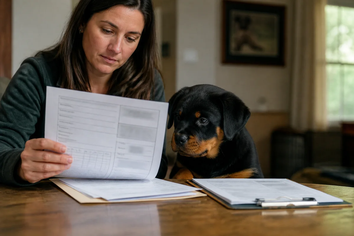 Buyer reviewing health results, veterinary record and contract with private details obscured