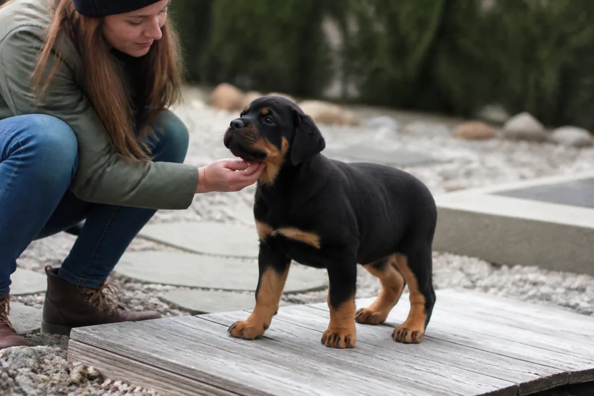 Rottweiler puppy experiencing calm positive socialization on varied surfaces