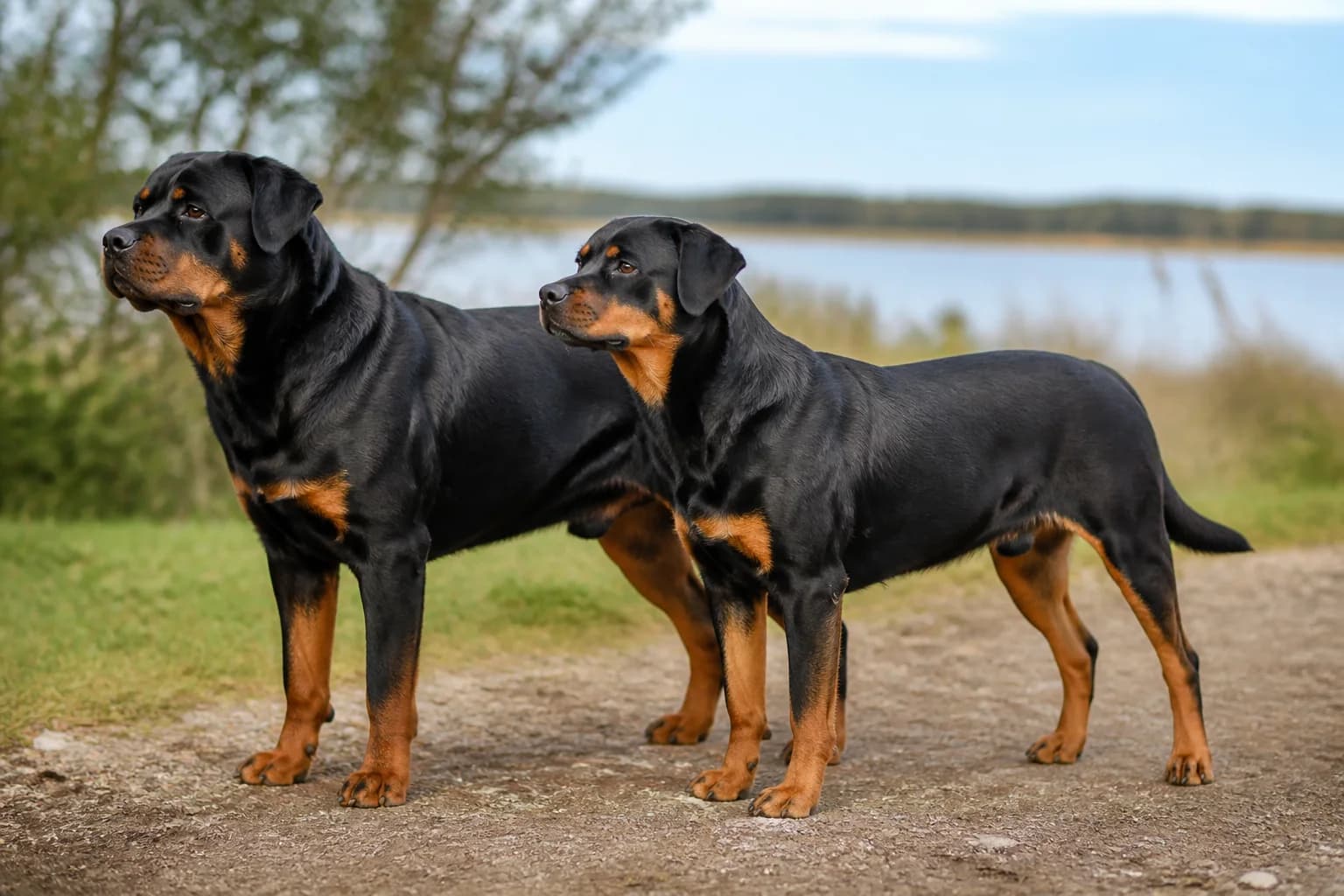 Adult male and female natural-tailed Rottweilers standing side by side in natural profile with correct working-dog proportions