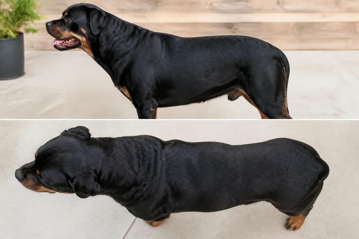 Fit adult Rottweiler viewed naturally from side and above to show waist and rib area
