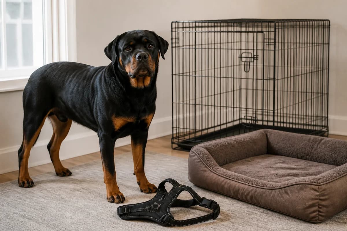 Adult Rottweiler beside an appropriately sized crate, jumbo bed and harness