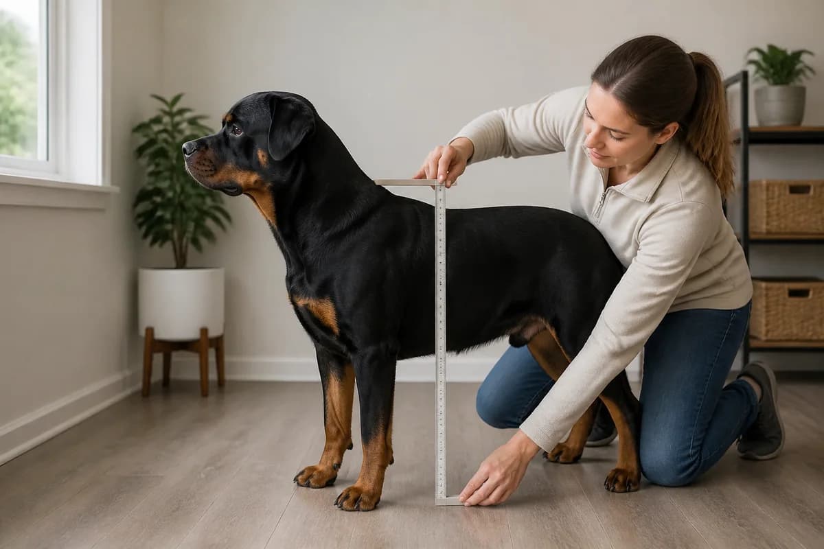 Owner measuring a calm Rottweiler at the withers on a level floor