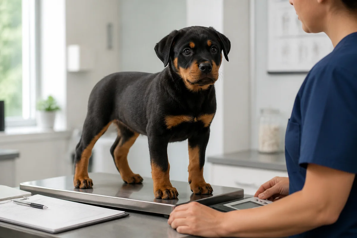 Rottweiler puppy at a routine weigh-in on a veterinary scale
