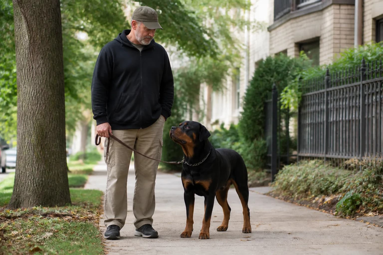 Adult natural-tailed Rottweiler calmly standing beside an experienced adult handler in a quiet neighborhood