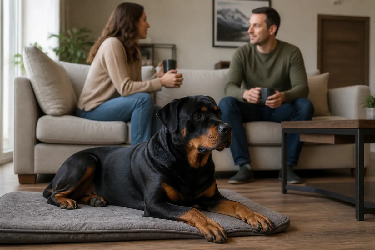 Rottweiler settled on a mat while adult family members converse nearby, no child contact staged