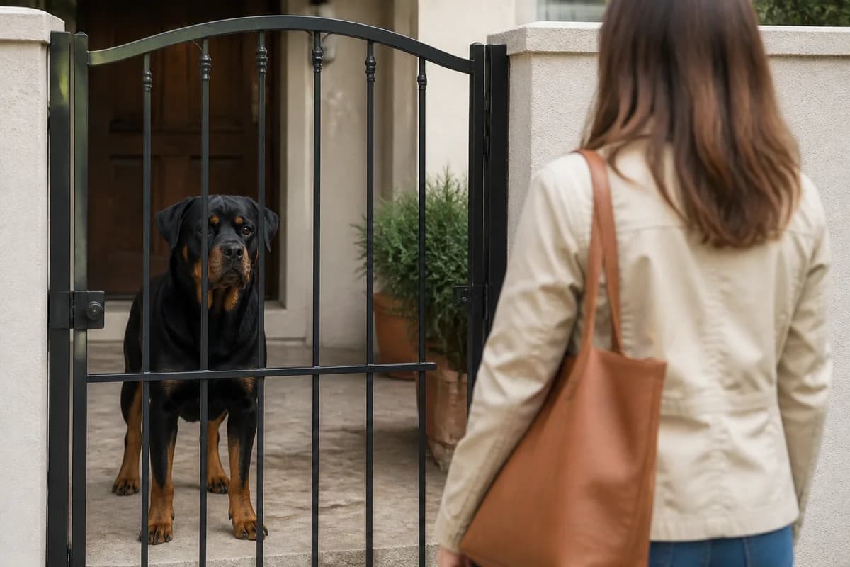 Secure home entry setup with a Rottweiler behind a sturdy gate while a visitor arrives