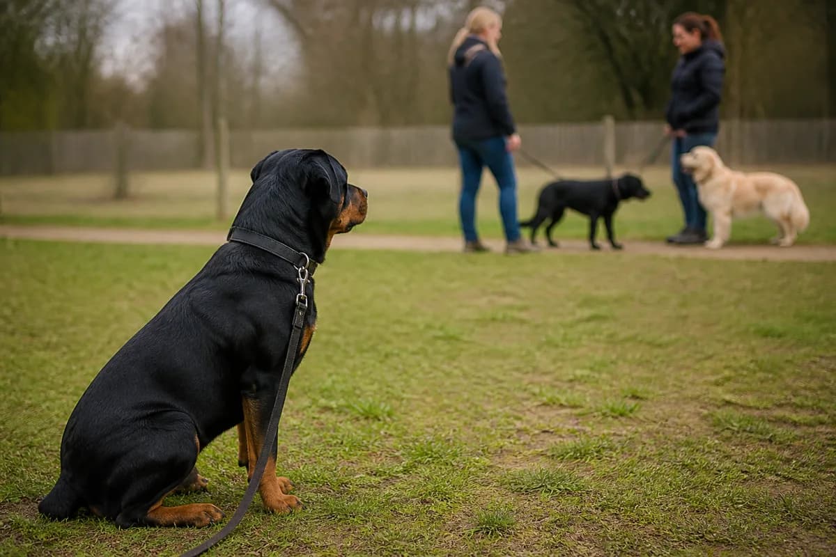 Adolescent Rottweiler calmly observing people and dogs from a safe distance