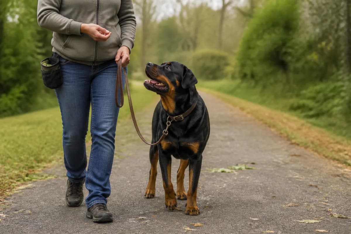 Rottweiler responding to a reward-based loose-leash exercise with an adult handler