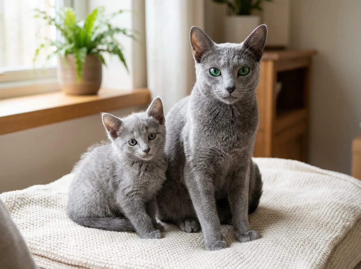 An adult Russian Blue cat with a full plush silver-blue coat and bright emerald green eyes beside its kitten, illustrating verifying breed traits before buying