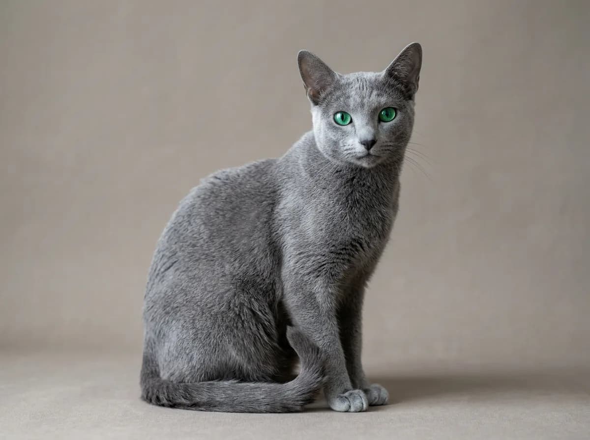 A purebred Russian Blue cat with a plush silver-tipped blue-grey double coat and vivid emerald green eyes sitting on a neutral background