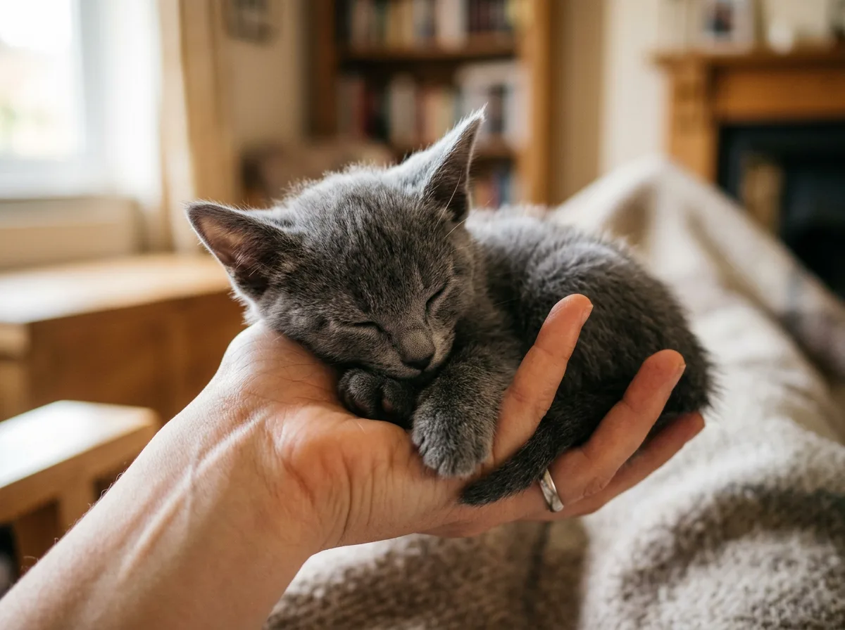 A sleeping Russian Blue kitten with a soft plush blue-grey baby coat cradled gently in one hand
