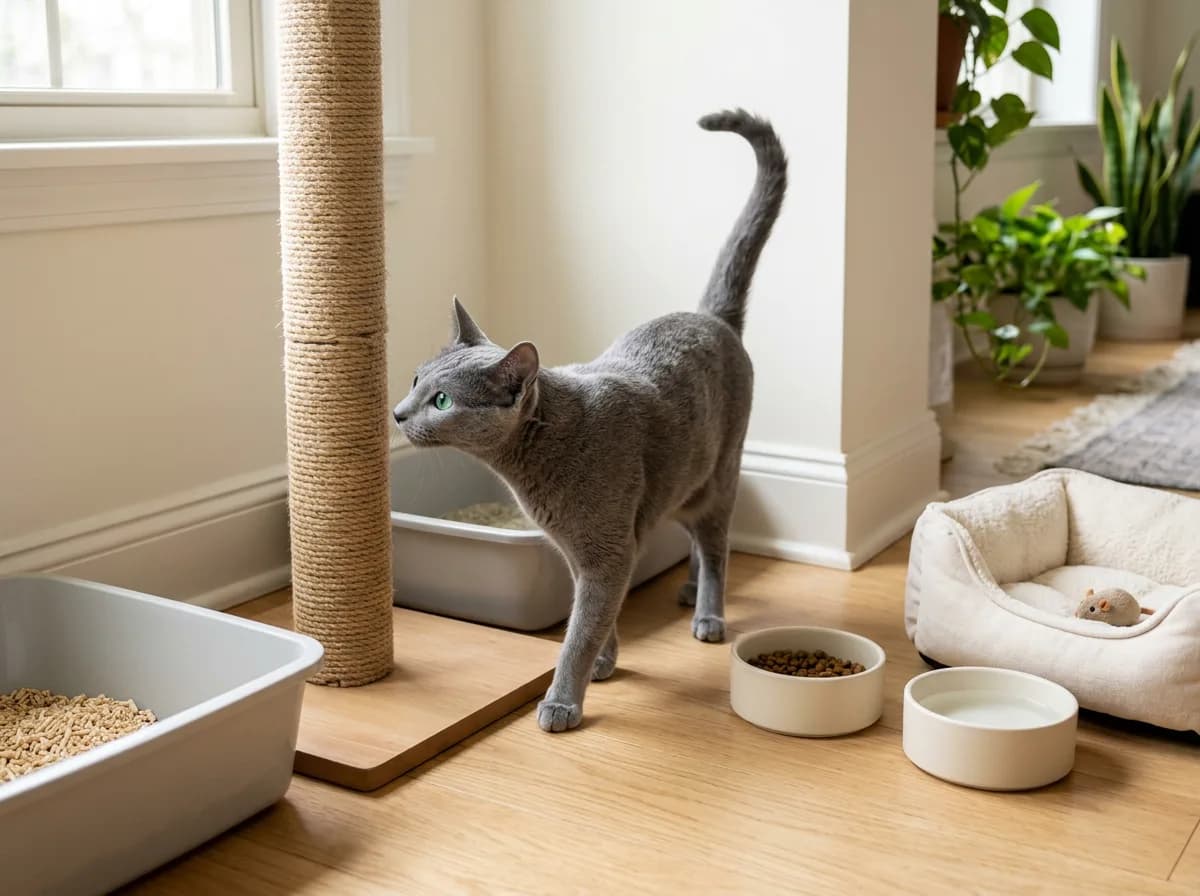 A Russian Blue cat exploring new supplies including a scratching post, litter box, and food bowls in a home setting