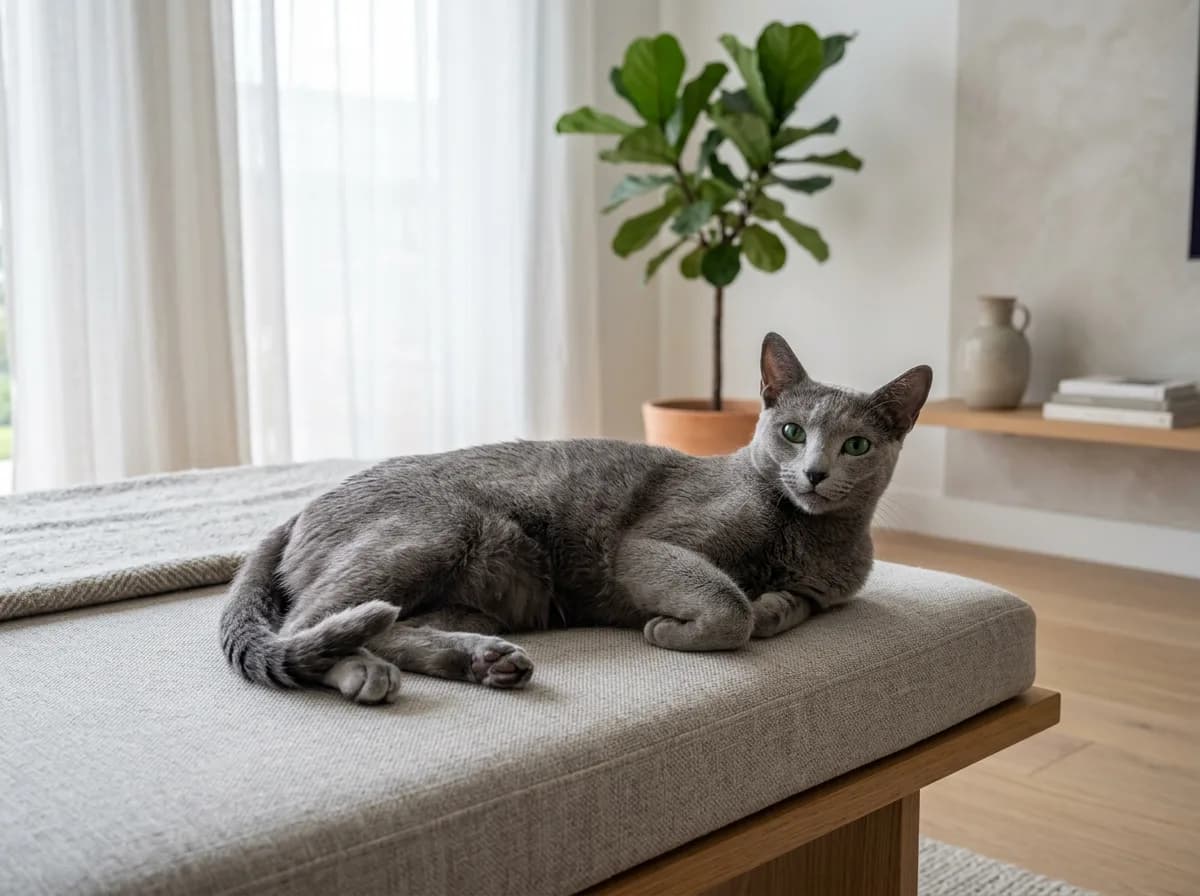 A content Russian blue cat lounging calmly in a tidy living room, conveying its easygoing fit for apartments, first-time owners, and busy households