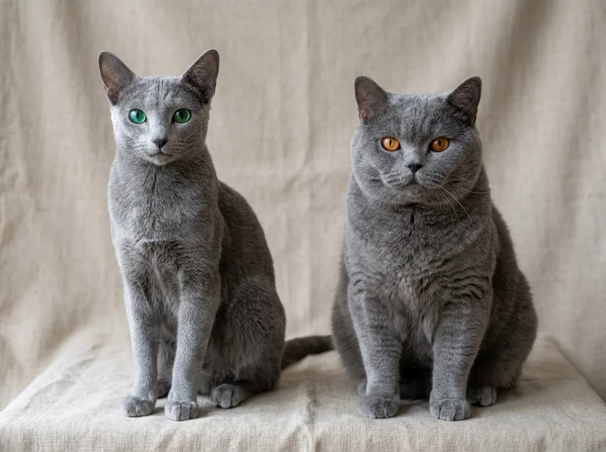 A slender green-eyed Russian blue beside a stocky round-faced blue British Shorthair with copper eyes, body type and eye color side by side
