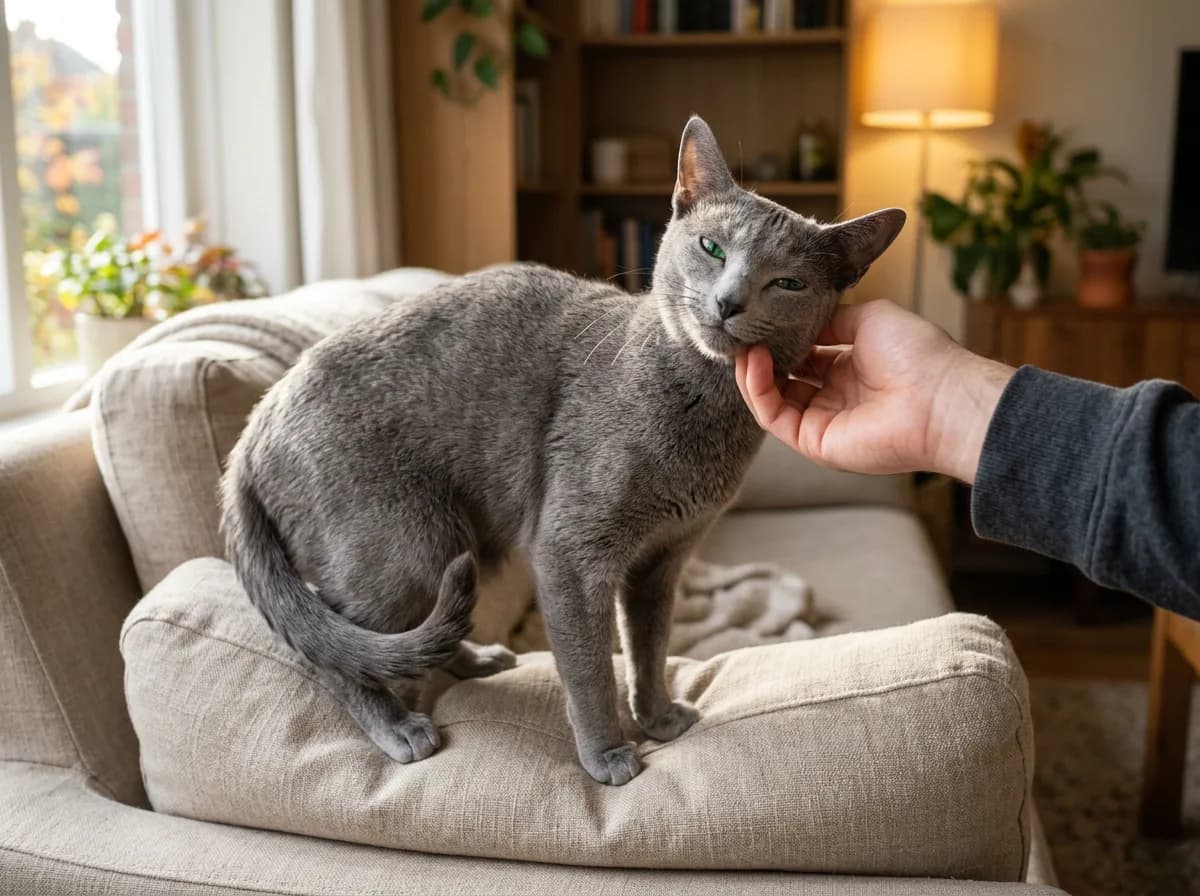 An adult Russian Blue cat leaning into an outstretched hand during a home meet-and-greet, a key step before adopting with allergies