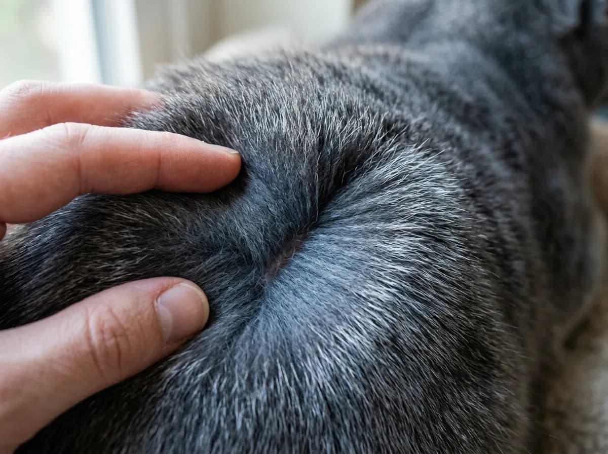 Fingers parting a Russian Blue's dense silver-tipped double coat to reveal the thick undercoat that traps dander close to the skin