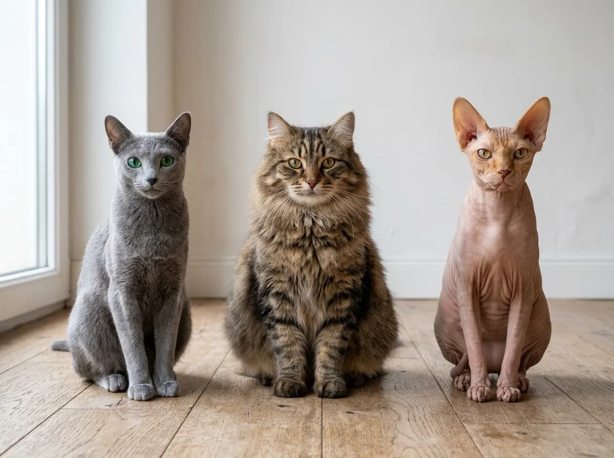 A Russian Blue cat beside a Siberian and a Sphynx illustrating that coat length does not predict allergen levels