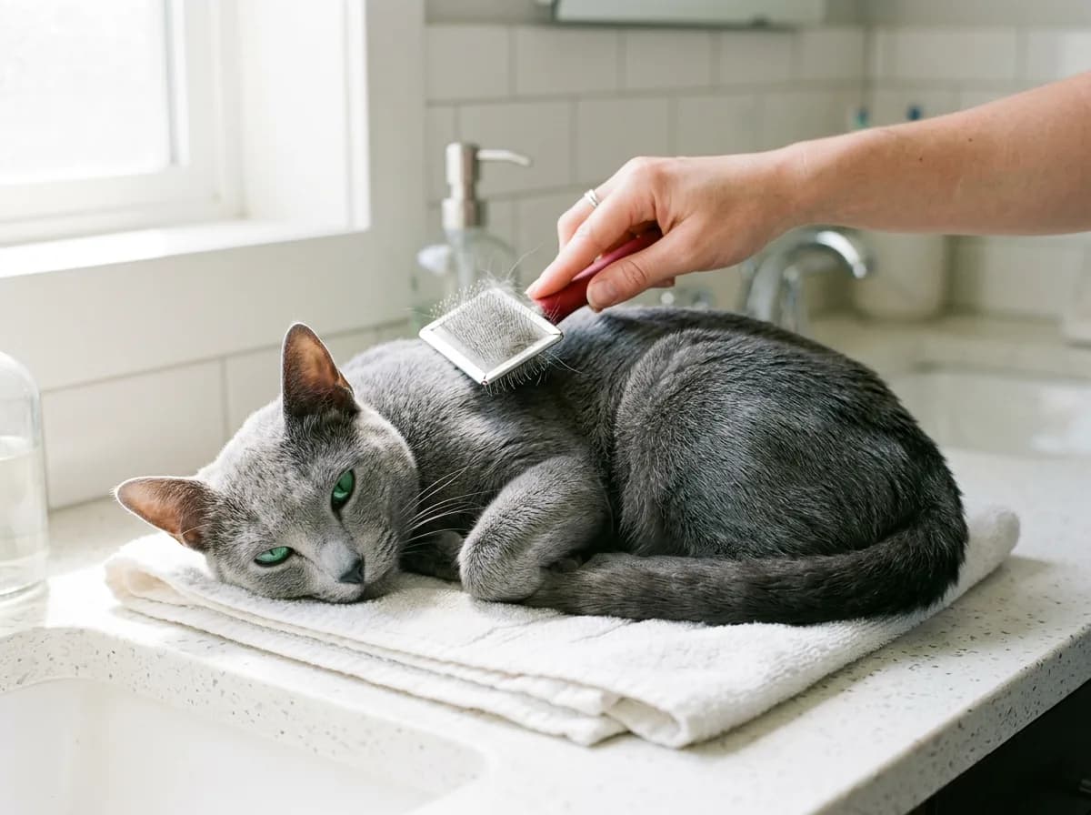 A hand gently brushing a relaxed Russian Blue cat with a slicker brush to remove loose dander-carrying hair