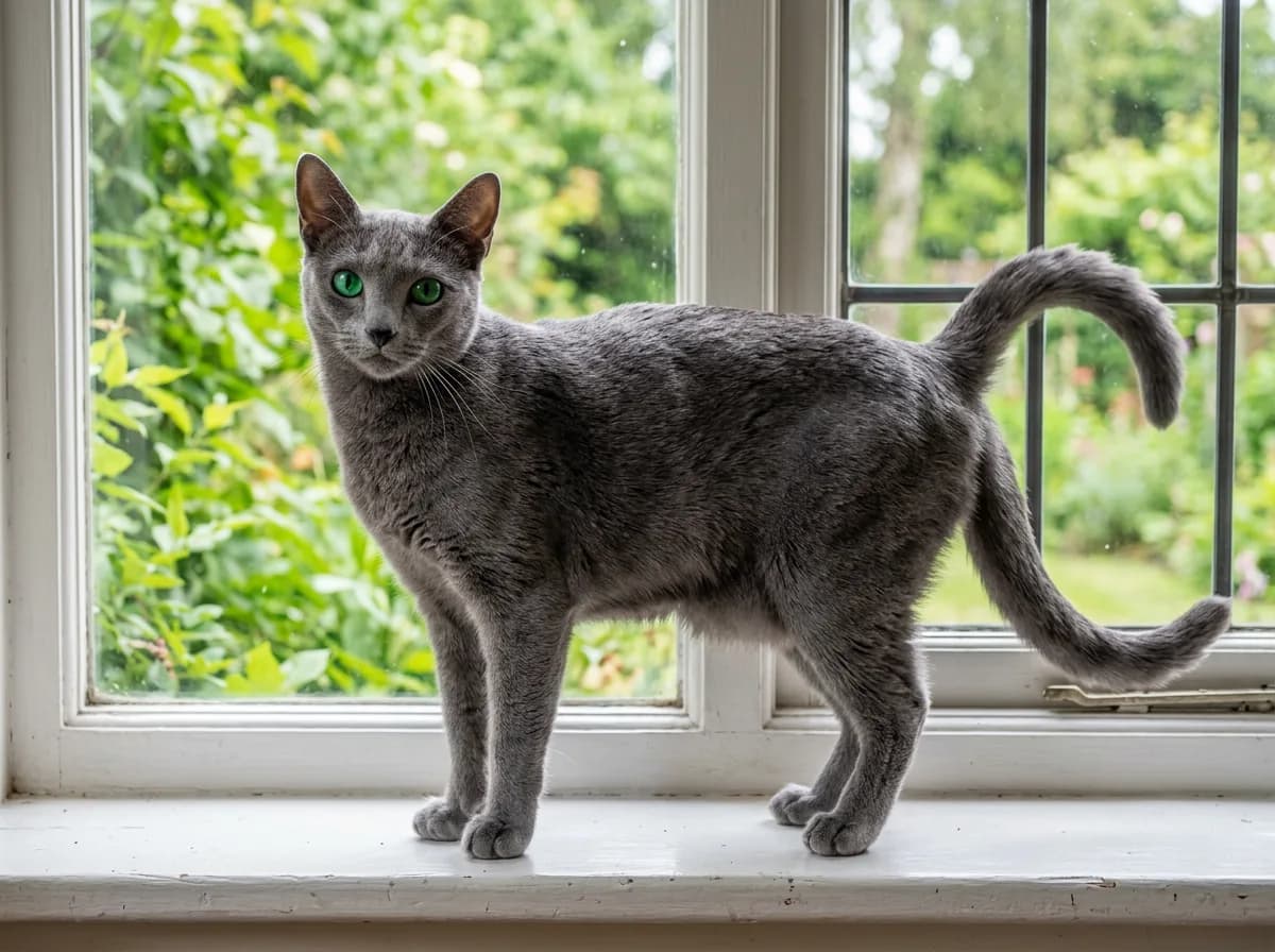 A robust, athletic adult Russian Blue cat standing on a windowsill indoors, lean and muscular with a glossy silver-tipped blue coat and bright green eyes