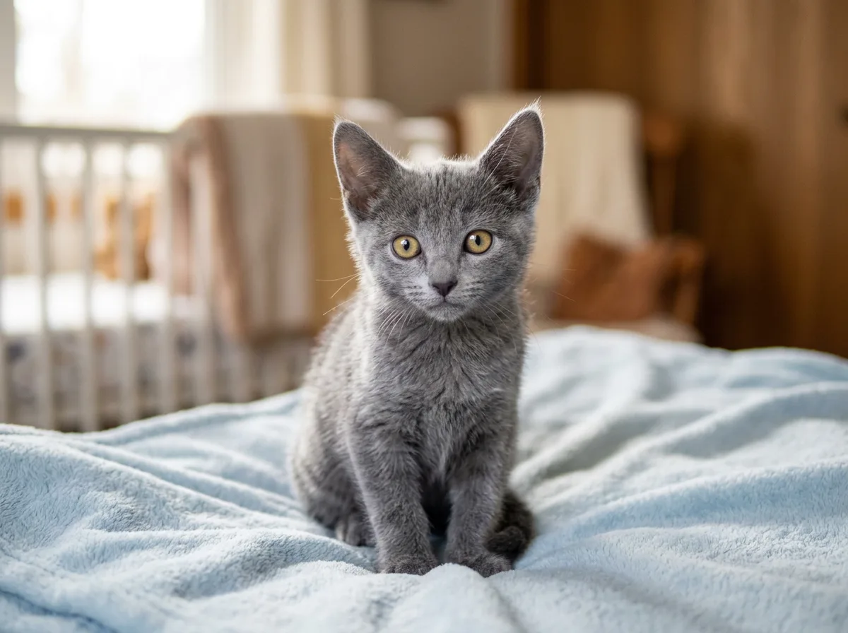A young Russian Blue kitten with a fluffy blue-grey coat and the yellow kitten eyes that turn green with age, sitting on a soft blanket