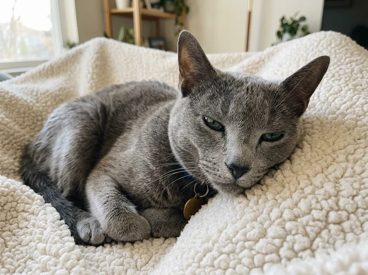 A calm senior Russian Blue cat resting on a soft blanket, its silver-blue coat slightly faded with age and green eyes half closed, in warm indoor light