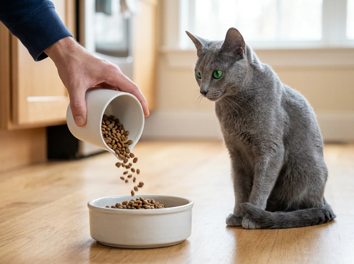 A hand pouring a measured portion of kibble into a bowl while a lean Russian Blue cat watches, weight control being key to a long lifespan