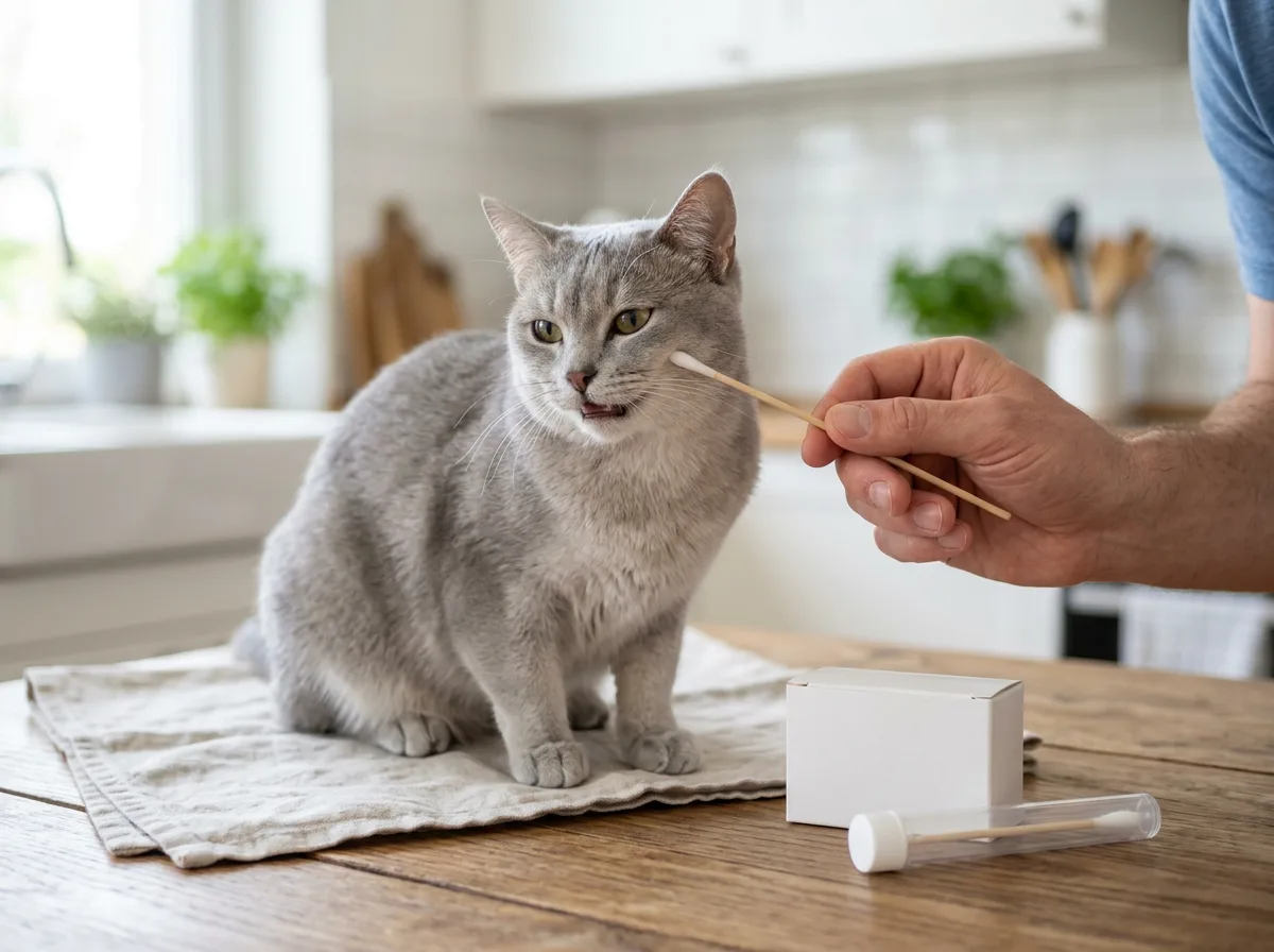 A grey cat being gently cheek-swabbed at home for a feline DNA test, with the test kit visible on the table