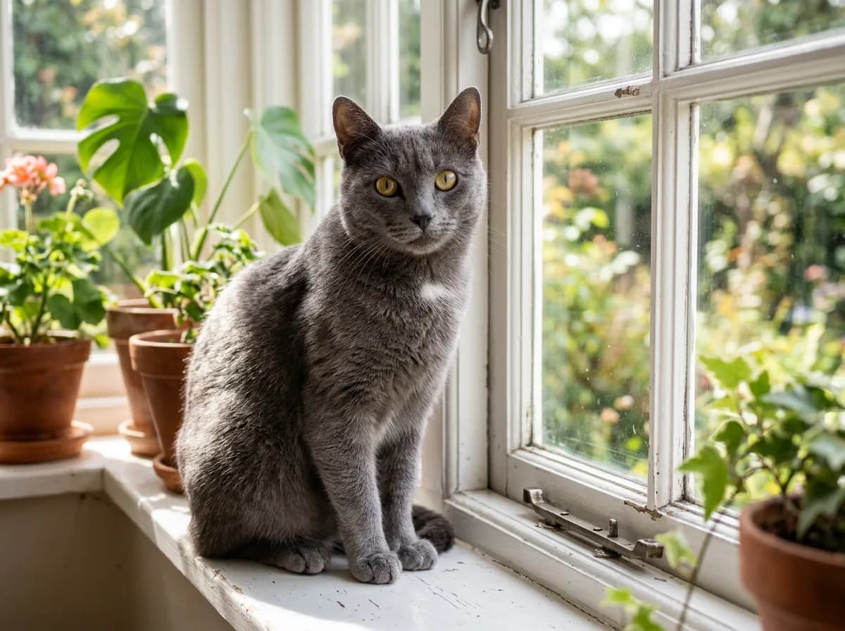 A grey shorthair cat with golden eyes and a small white chest locket sitting on a sunny windowsill, traits of a possible Russian Blue mix