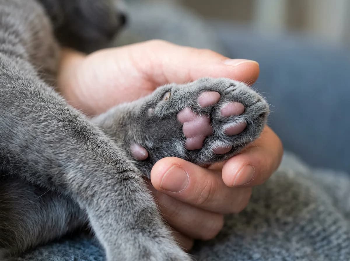 A grey cat's paw held gently in a hand, showing the pinkish mauve lavender paw pads that are a key Russian Blue identification trait