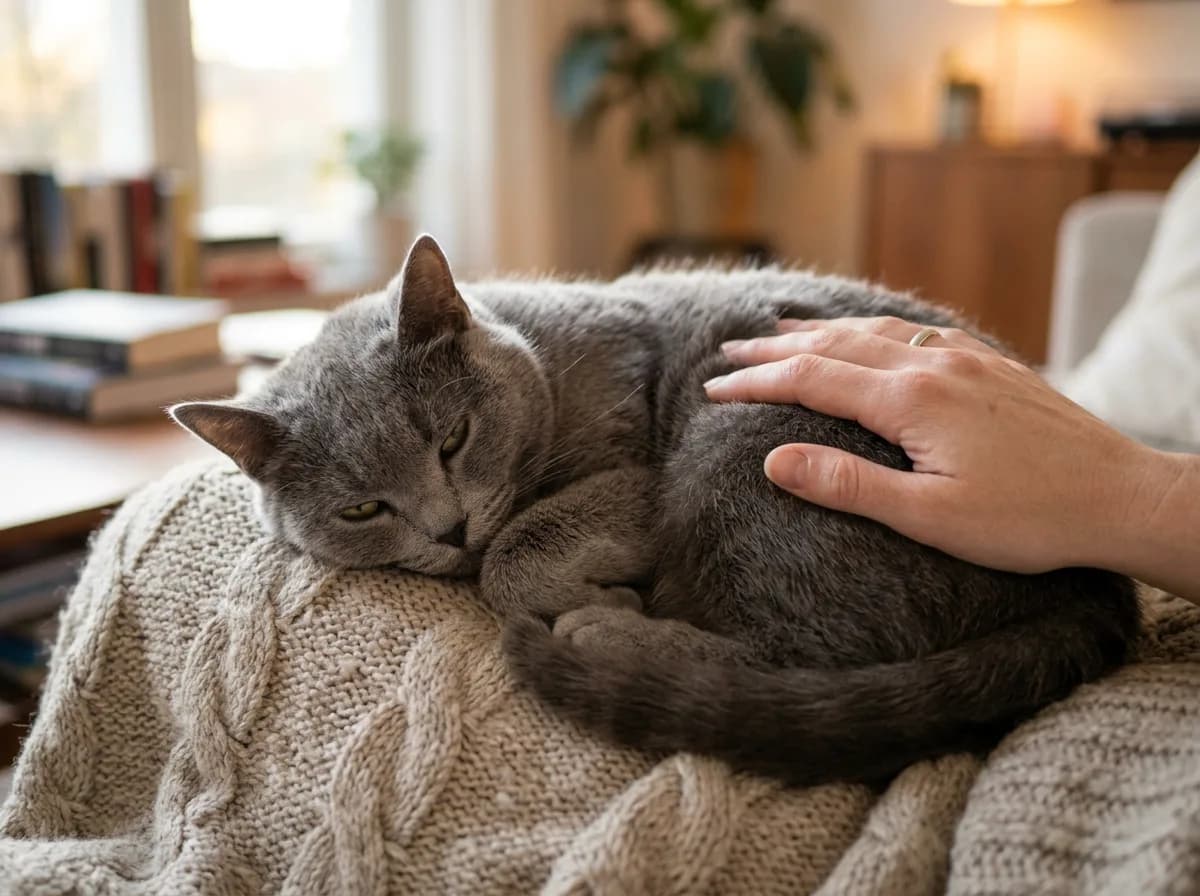 A grey shorthair mix curled contentedly on a blanket-covered lap as a hand rests on its back, the calm devotion linked to Russian Blue ancestry