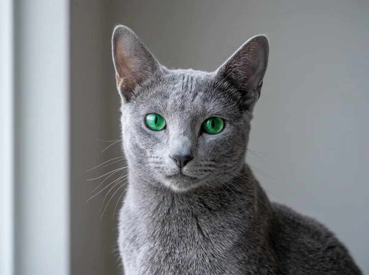 Close-up portrait of a purebred Russian Blue cat showing the dense silver-tipped blue coat, vivid emerald green eyes, and wedge-shaped head in soft light