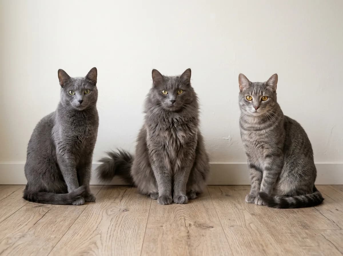 Three grey mixed-breed cats side by side, one plush short-haired, one fluffy long-haired, and one with grey tabby striping