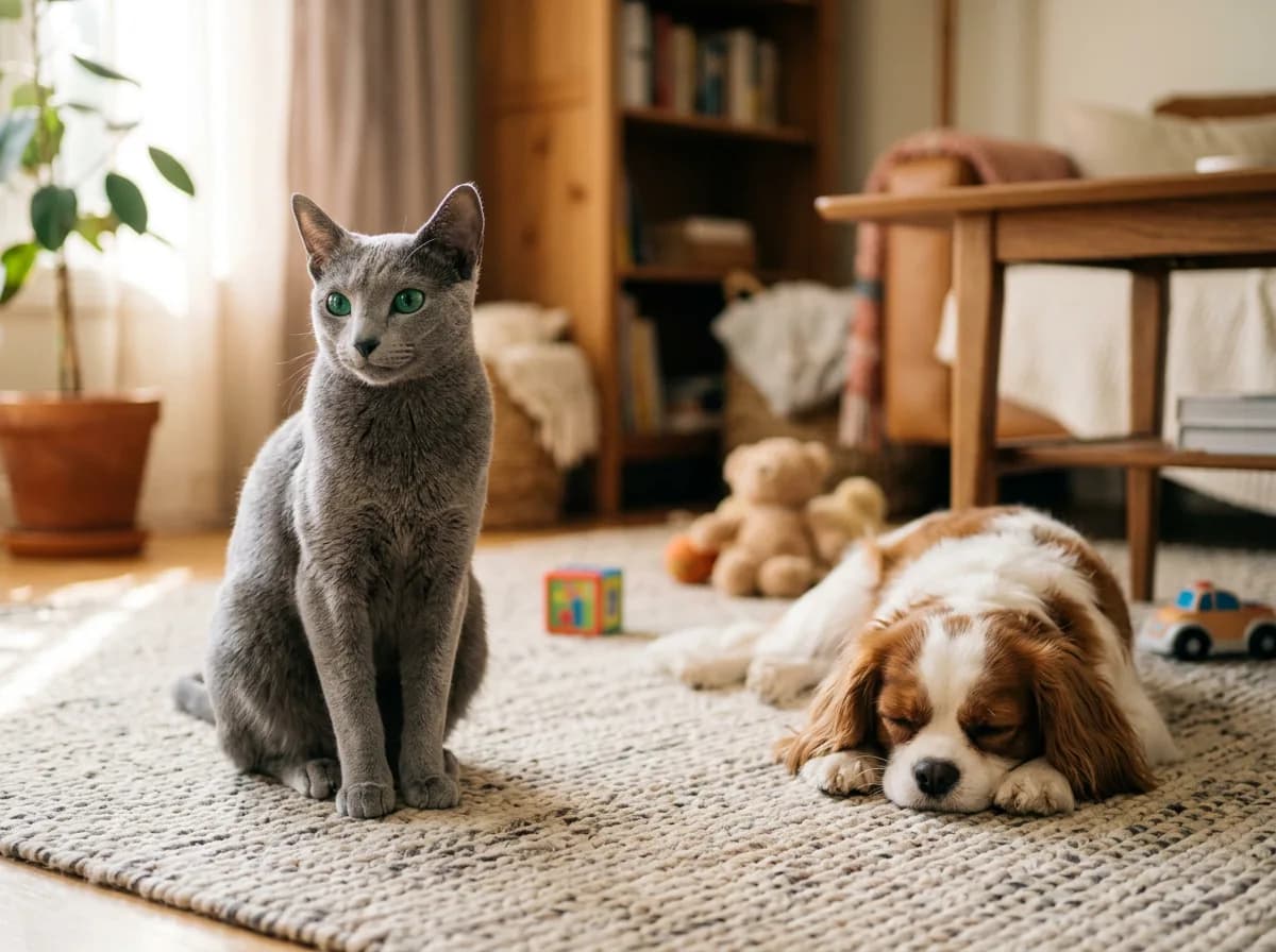 A Russian Blue cat sitting calmly beside a relaxed spaniel dog on a living room rug, both at ease in a quiet family home