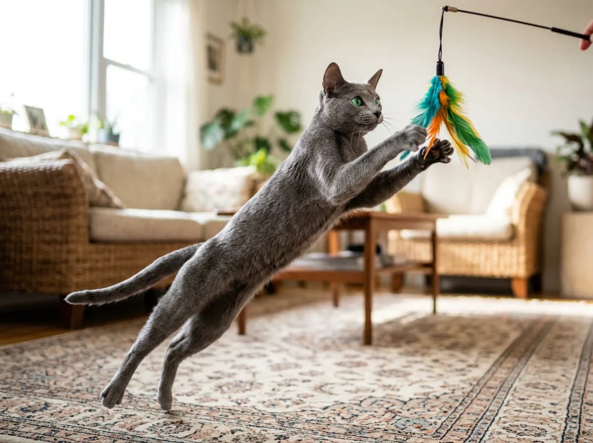 A Russian Blue cat mid-leap reaching for a feather wand toy, body stretched and green eyes locked on the target, clearly engaged in play