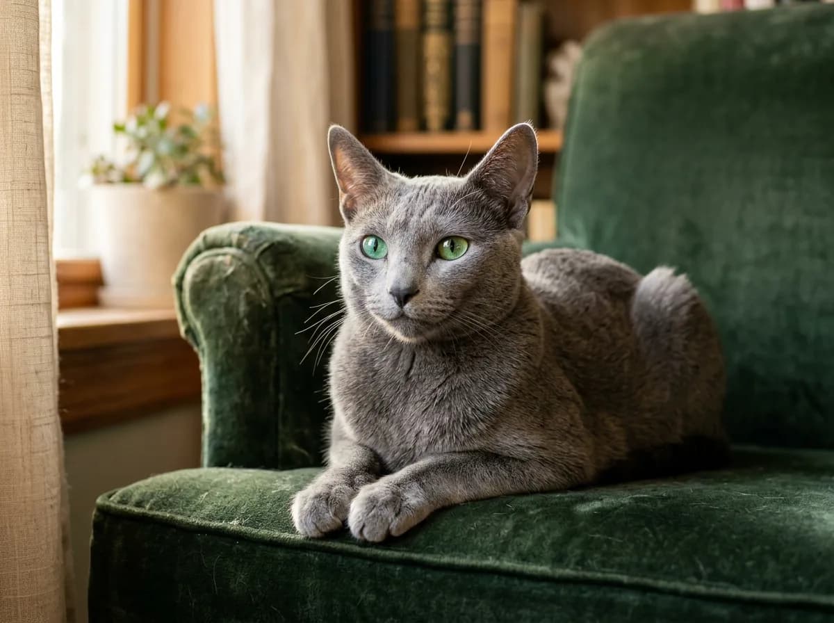 A plush silver-blue Russian Blue cat with vivid emerald-green eyes resting calmly on a green velvet armchair in warm indoor light