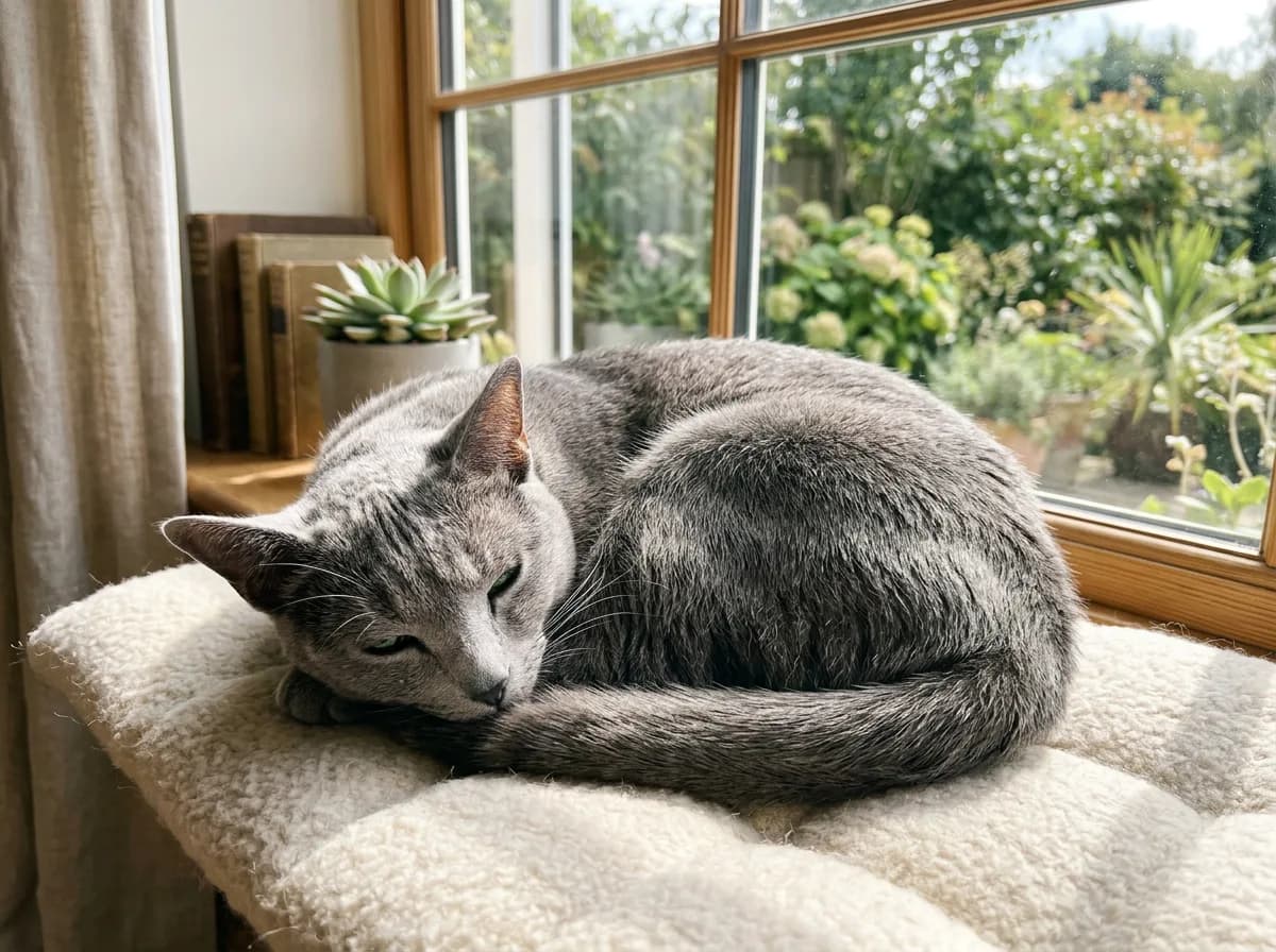 A relaxed Russian Blue cat curled asleep in a sunny window perch in a calm, tidy home, the picture of routine-loving contentment