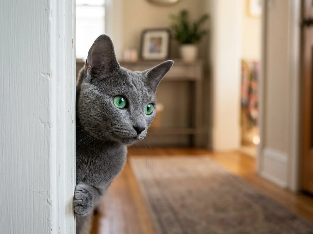 A Russian Blue cat peering cautiously around a doorway with wide green eyes, half-hidden, watching an unfamiliar visitor from a safe distance