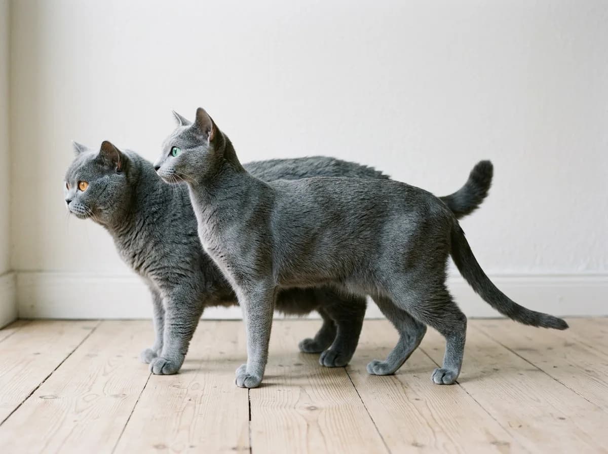 Side profile comparison of a slender long-legged Russian Blue and a stocky broad-chested British Shorthair showing the difference in build