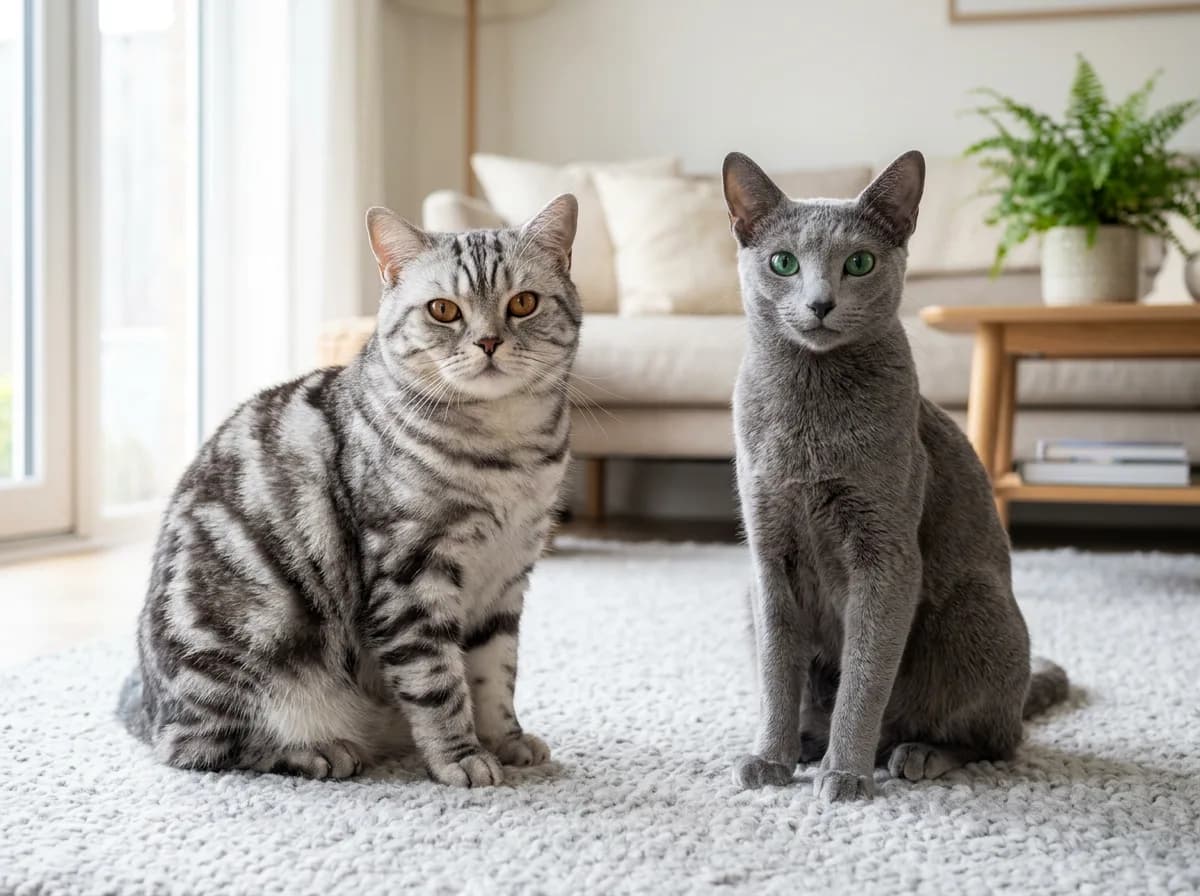 A British Shorthair in a non-blue color such as a silver tabby beside a solid blue-grey Russian Blue, illustrating the British Shorthair's wider color range