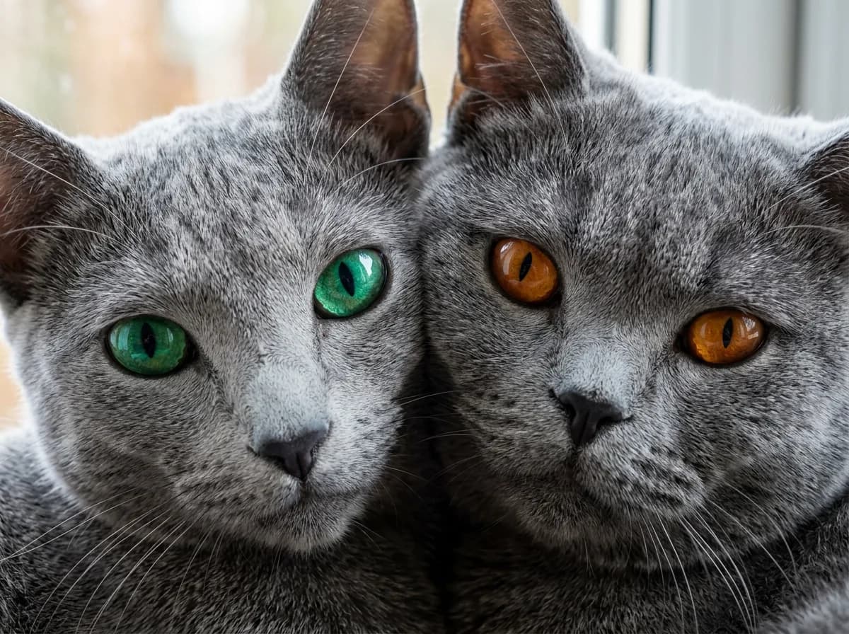 Close-up of a green-eyed Russian Blue face beside a copper-eyed British Shorthair face, showing the eye color difference between the breeds