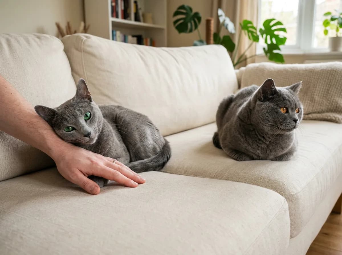 A Russian Blue leaning into a gentle hand on a sofa while a British Shorthair lounges independently nearby, showing how differently the breeds bond