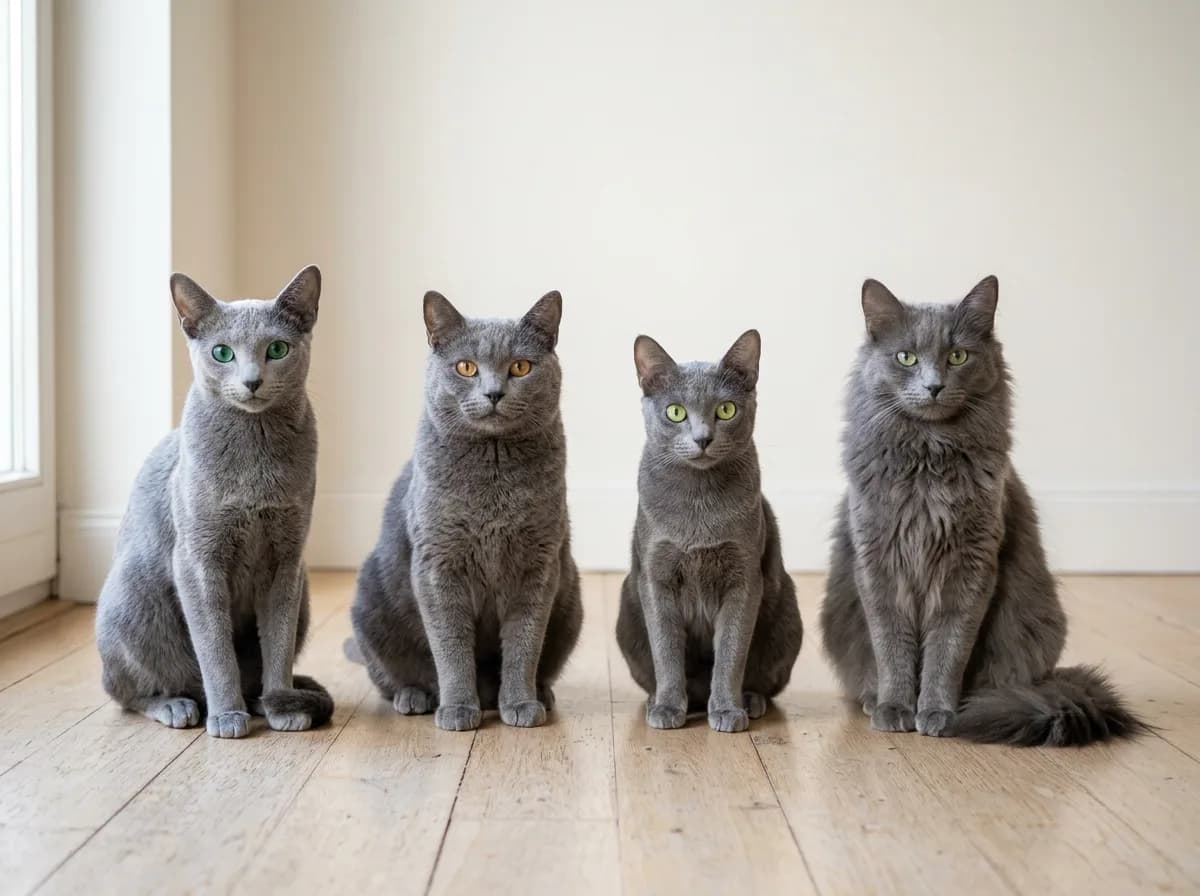 A lineup of four blue-grey cats showing a Russian Blue, a Chartreux, a Korat, and a long-haired Nebelung to compare body type and coat