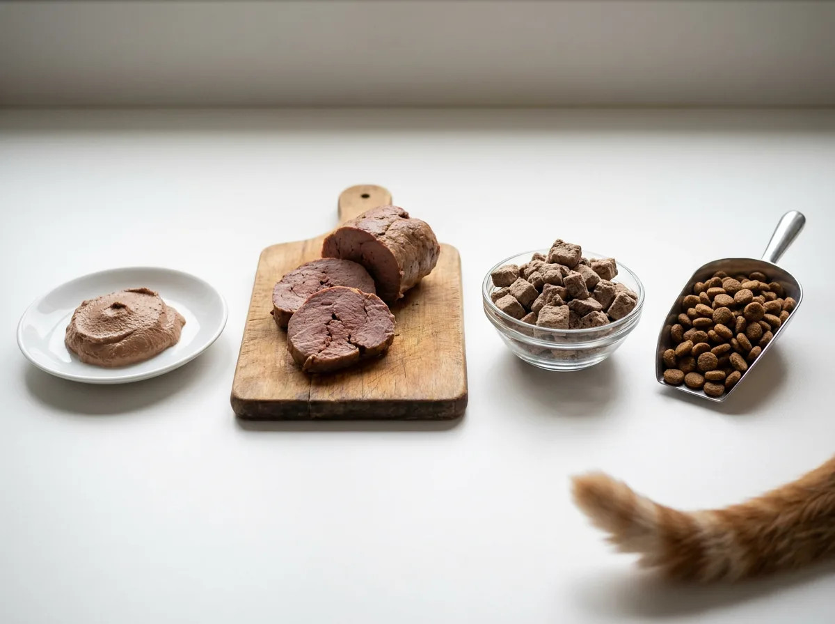 Open can of pate, a fresh food roll, a freeze-dried bag and a kibble scoop lined up on a kitchen counter