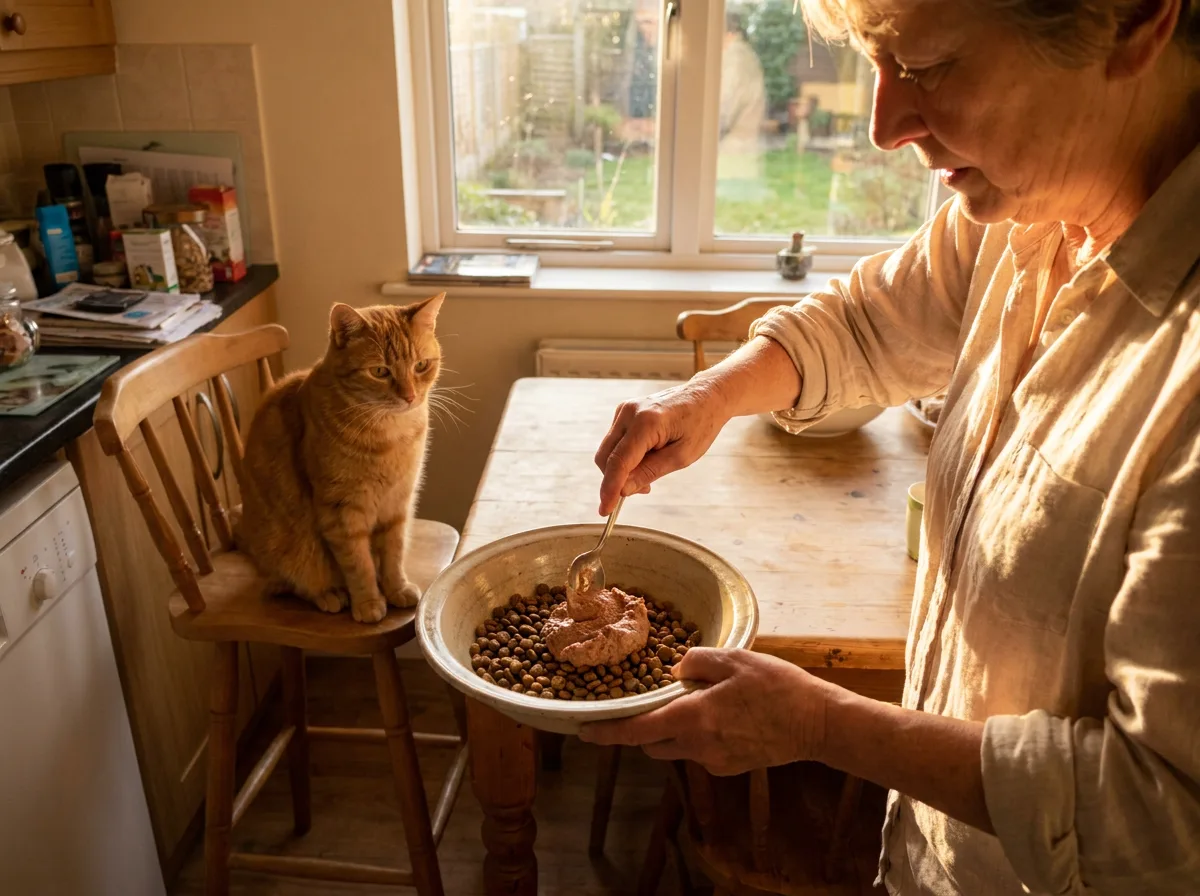 Owner mixing a spoon of new pate into the old food in a bowl while an orange cat watches from a stool