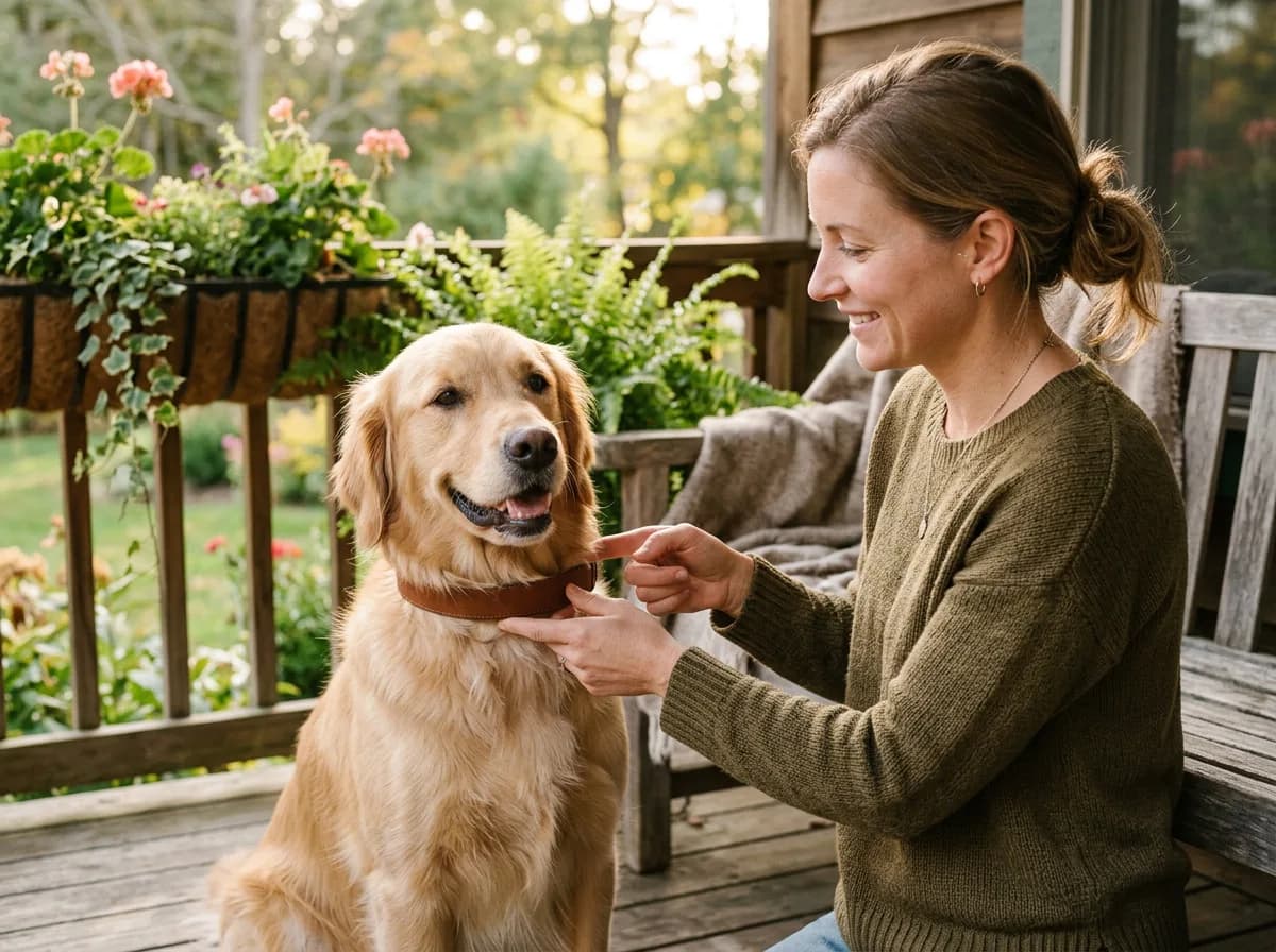 An owner checking that a flea and tick collar fits comfortably on a relaxed dog