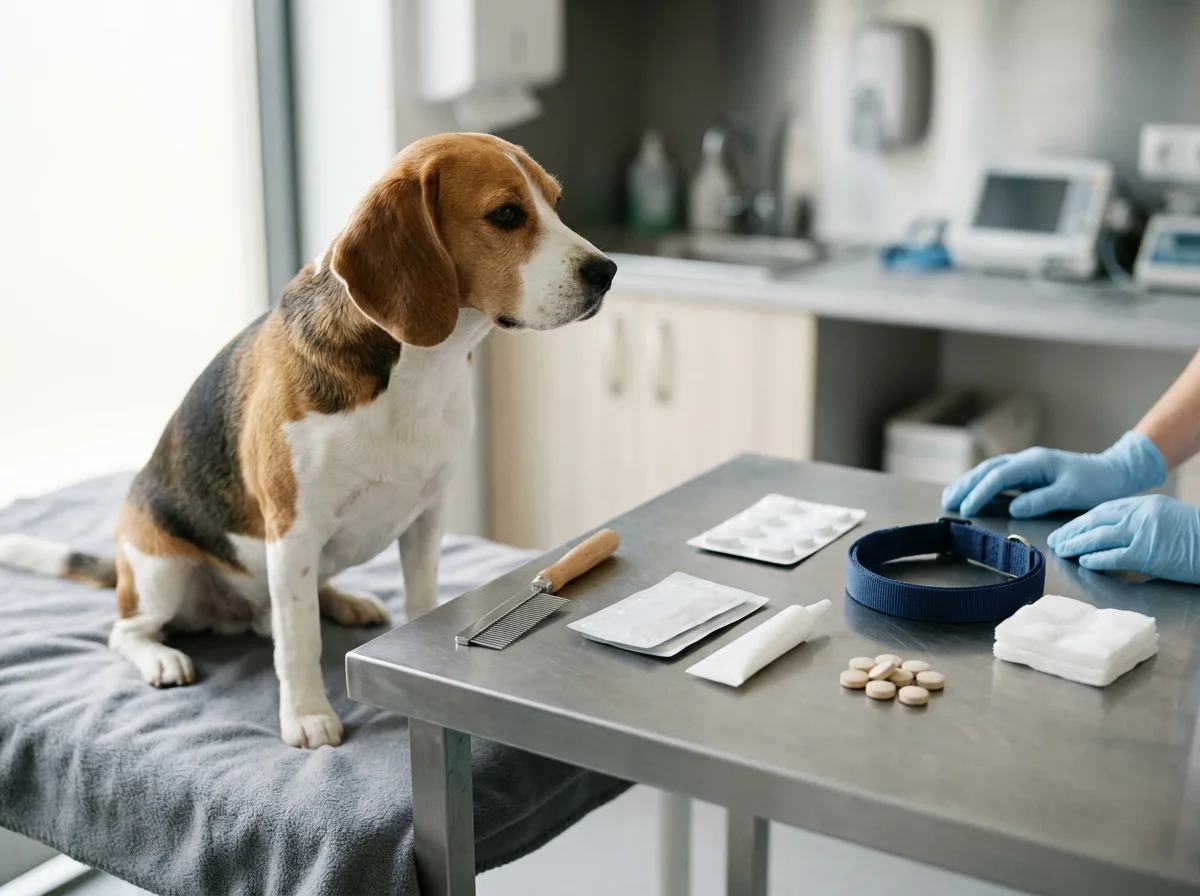 A calm dog beside unlabeled flea and tick prevention options including a chew, topical applicator, collar, and flea comb
