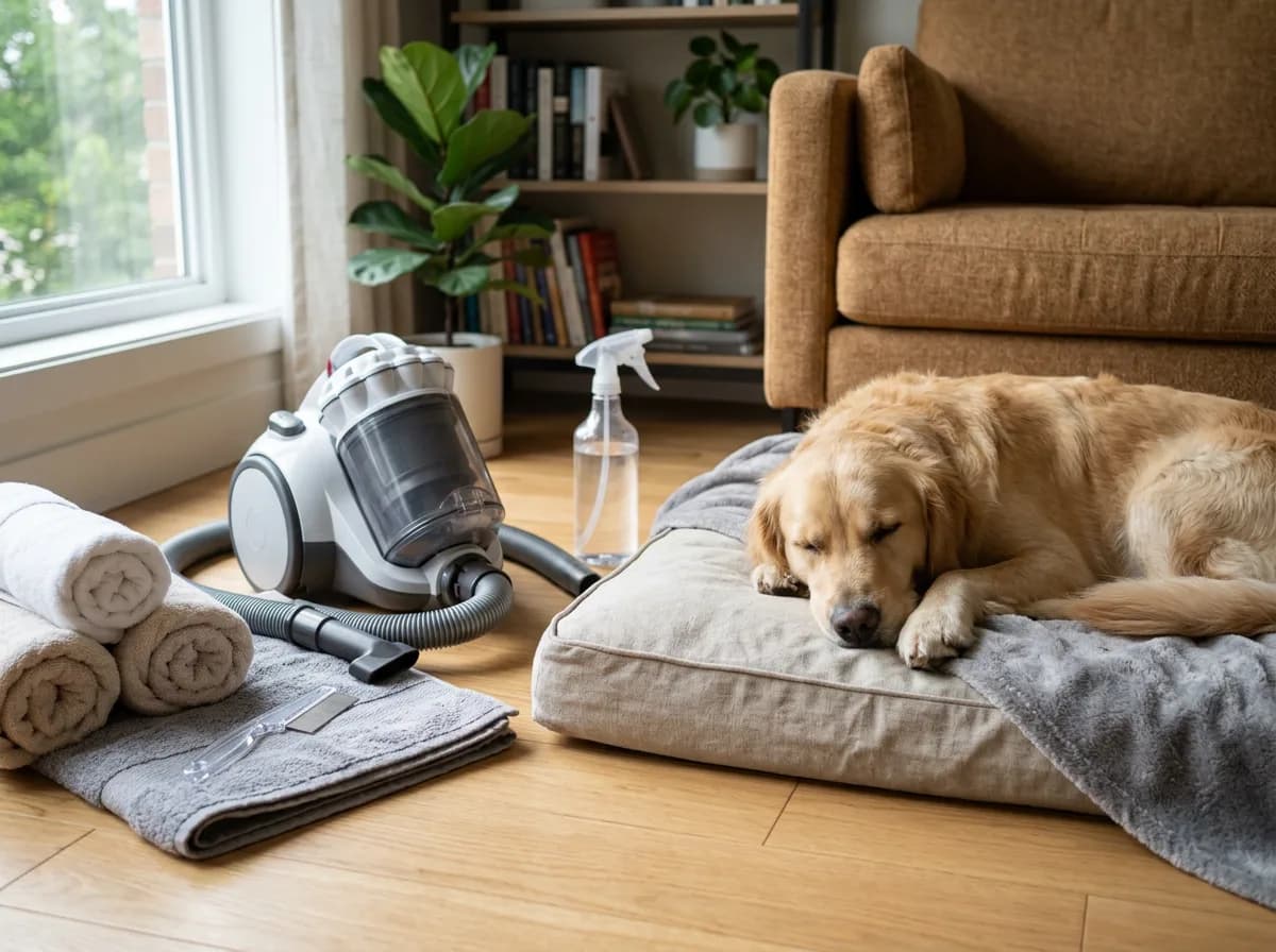 A flea cleanup setup with a washable dog bed cover, vacuum, flea comb, towels, blank spray bottle, and a dog resting nearby