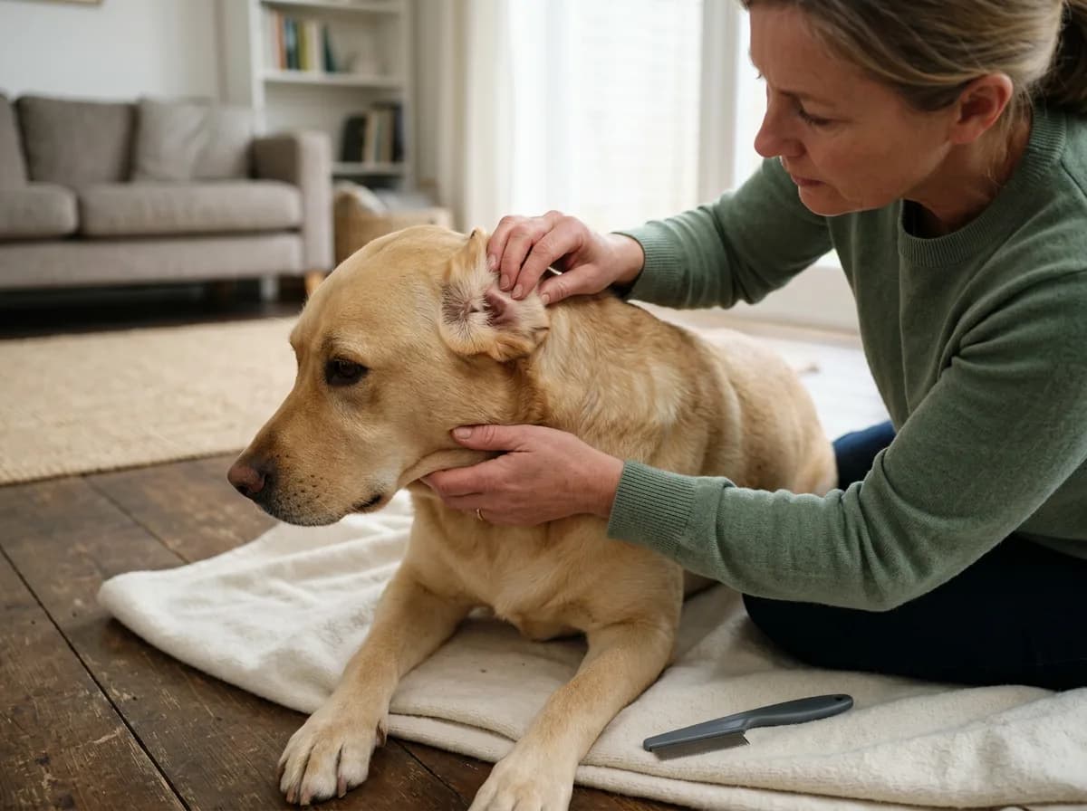 An owner gently checking a dog's ear and neck area for ticks after a walk
