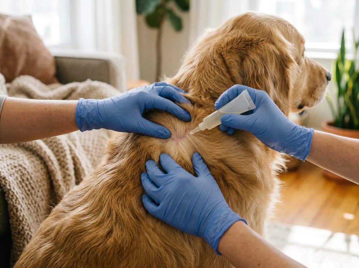 Gloved hands parting a dog's fur between the shoulder blades before applying a topical flea treatment